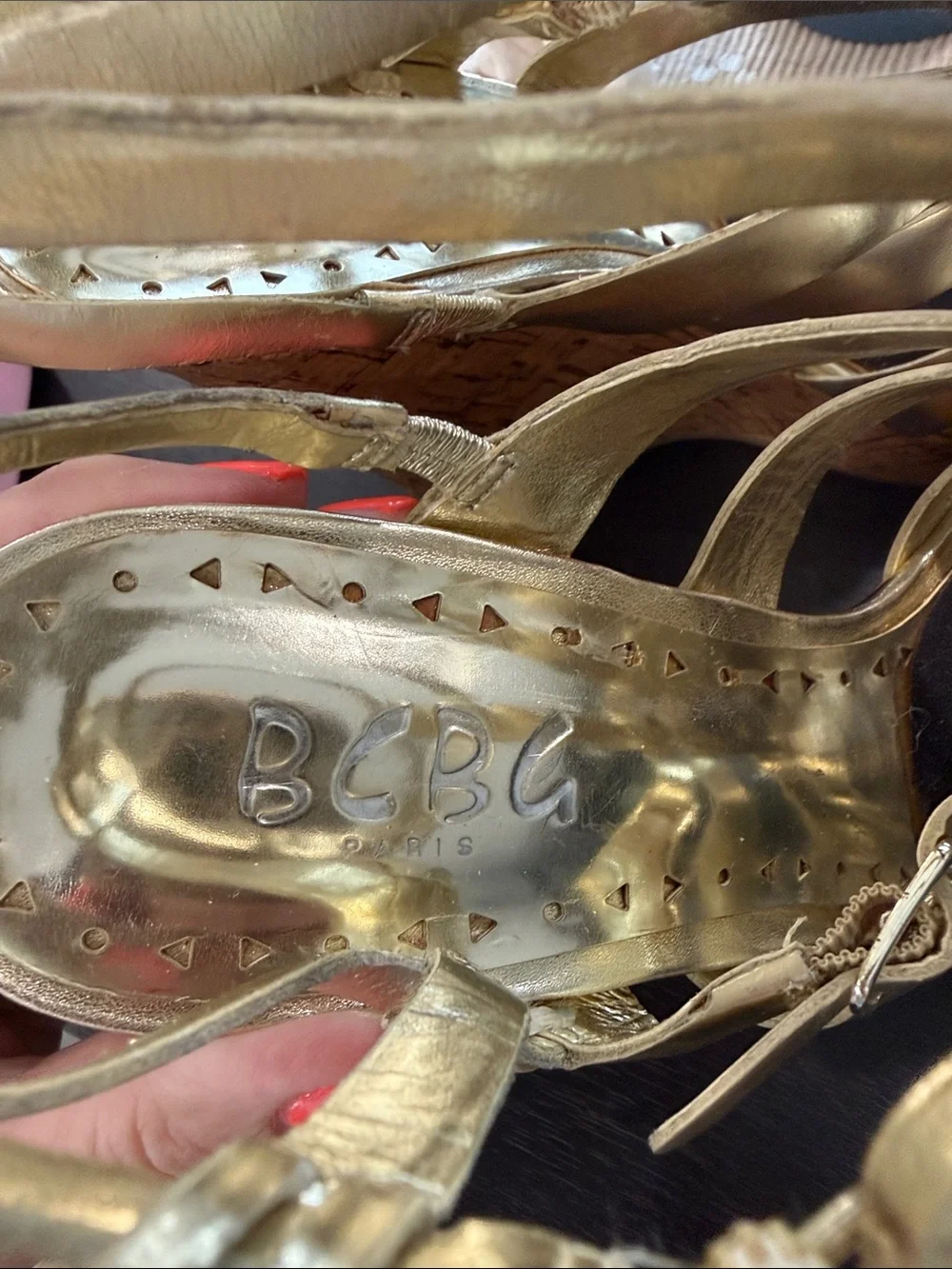 BCBG Metallic Gold Strappy Cork Wedge Sandals